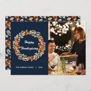 Elegant Autumn Wreath Leaves Thanksgiving Photo Holiday Card