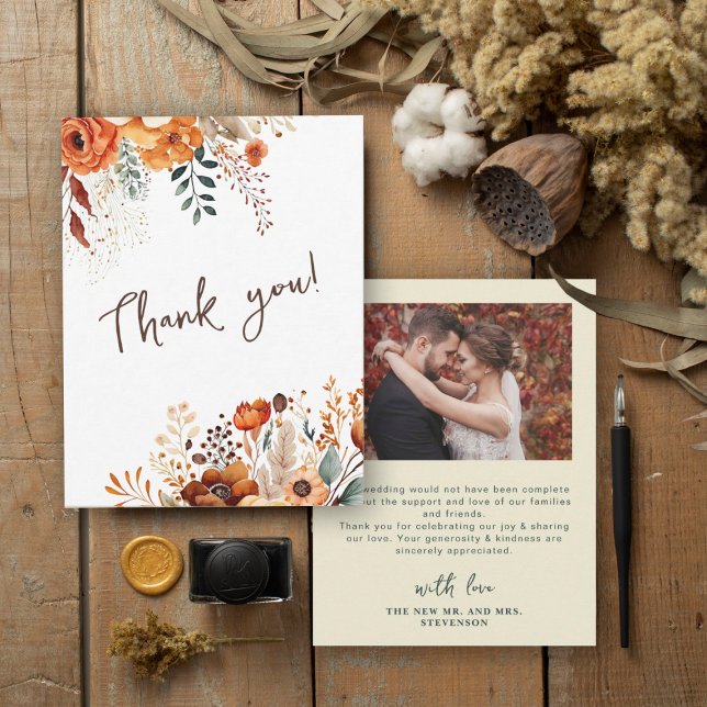Elegant autumnal botanical photo wedding thank you card (Creator Uploaded)