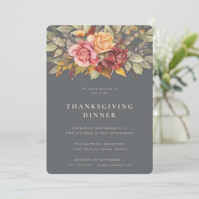 Elegant Autumnal Floral Border Thanksgiving Dinner Invitation (Standing Front)