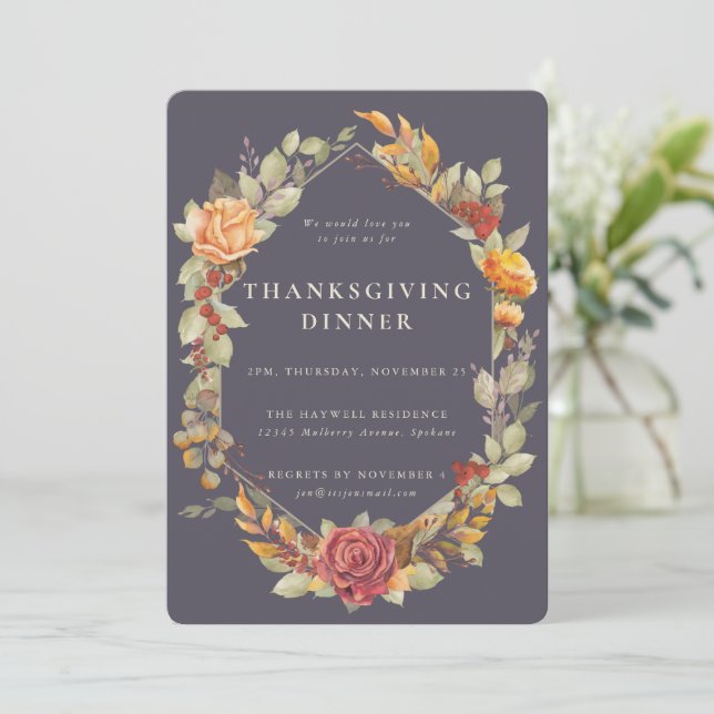 Elegant Autumnal Floral Border Thanksgiving Dinner Invitation (Standing Front)