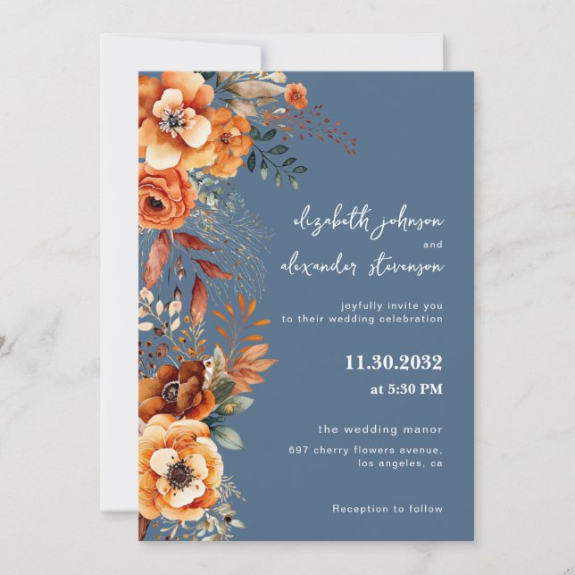 Elegant Autumnal Floral wedding 1 photo blue Invitation (Front)