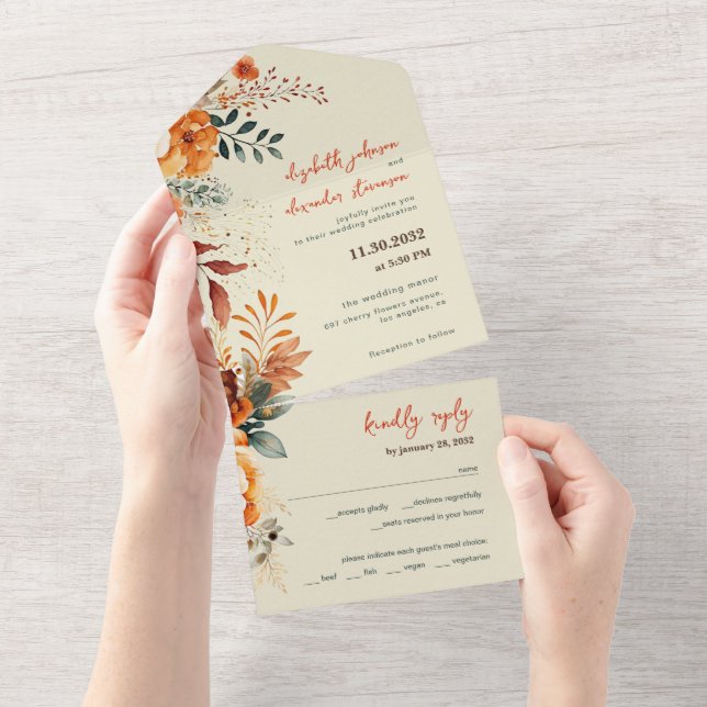 Elegant Autumnal Floral wedding All In One Invitation (Tearaway)