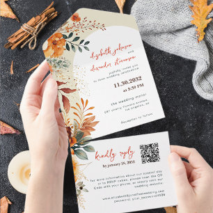 Elegant Autumnal Floral wedding QR Code All In One Invitation