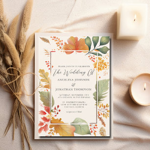 Elegant Autumnal Leaves Watercolor Ivory Wedding Invitation