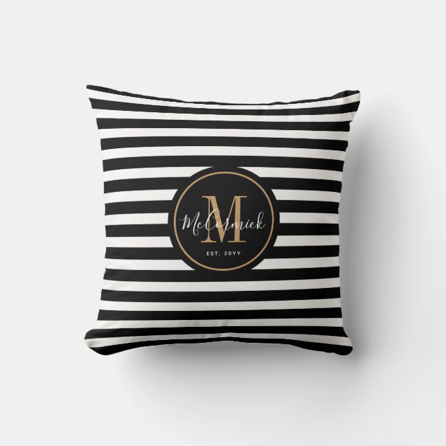 Elegant Awning Stripes Black White Name Monogram Cushion (Front)