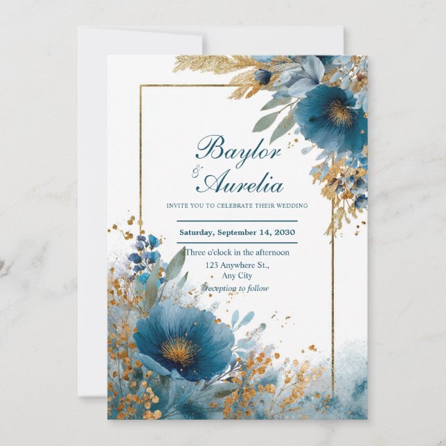 Elegant Azure Blooms & Gold Frame Wedding  Invitation (Front)