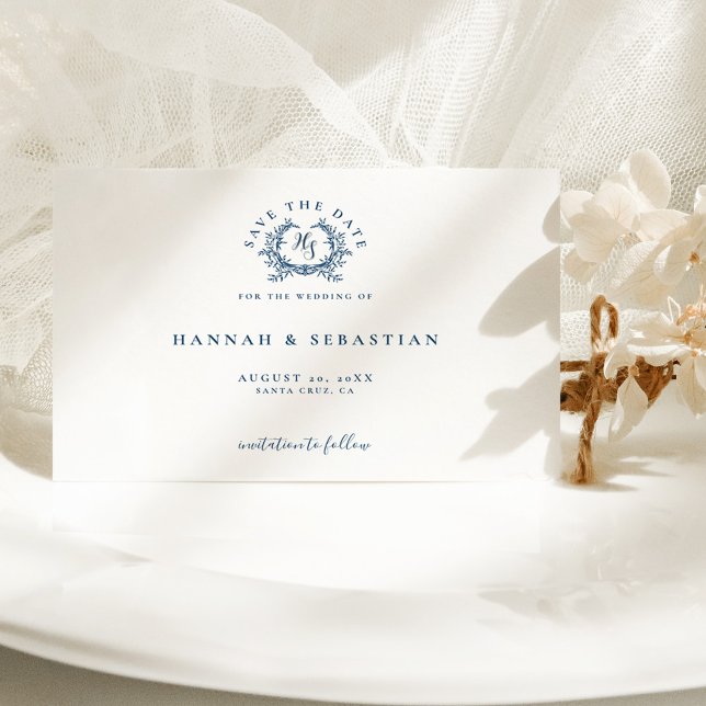 Elegant Azure Blue Monogram Crest Wedding Save The Date (Creator Uploaded)