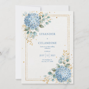 Elegant Azure Hydrangea Gold Frame Wedding  Invitation