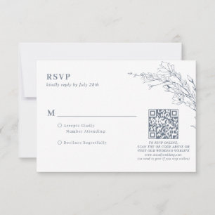 Elegant Azure Ivory Floral Wreath QR Code Wedding RSVP Card