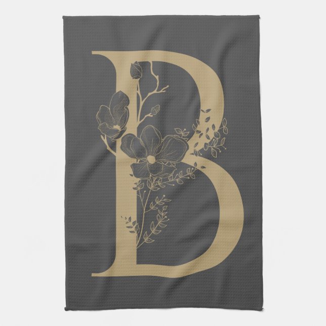 Elegant B Boho Floral Monogram Initial Grey Gold Tea Towel (Vertical)