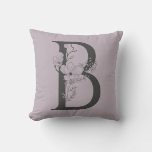 Elegant B Boho Floral Monogram Initial Lilac Grey Cushion