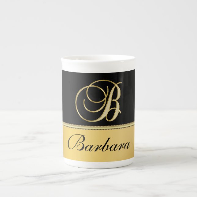 Elegant "B" Monogram Personalised Name Black Gold Bone China Mug (Front)