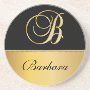 Elegant "B" Monogram Personalised Name Black Gold Coaster