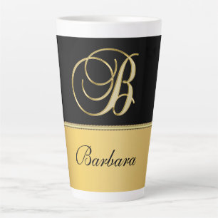 Elegant "B" Monogram Personalised Name Black Gold Latte Mug