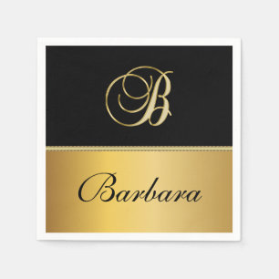 Elegant "B" Monogram Personalised Name Black Gold Napkin