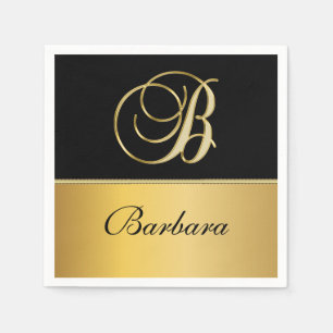 Elegant "B" Monogram Personalised Name Black Gold Napkin