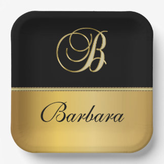 Elegant "B" Monogram Personalised Name Black Gold Paper Plate
