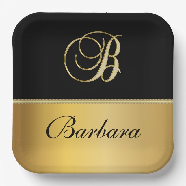 Elegant "B" Monogram Personalised Name Black Gold  Paper Plate (Front)