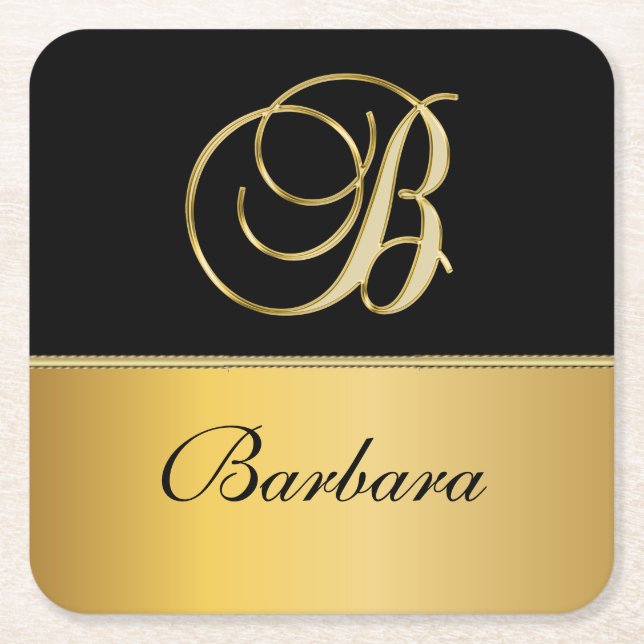 Elegant "B" Monogram Personalised Name Black Gold  Square Paper Coaster (Front)