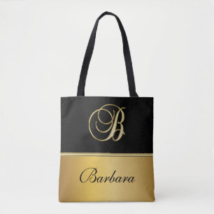 Elegant "B" Monogram Personalised Name Black Gold Tote Bag