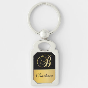 Elegant "B" Monogram Personalized Name Black Gold  Key Ring