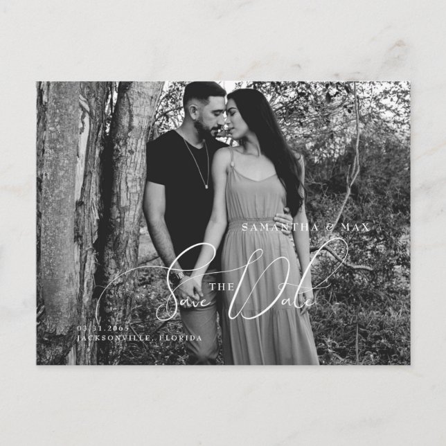 Elegant B/W Couple Photo Save the Date Postcard (Front)