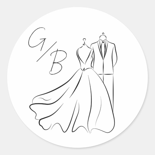 Elegant B&w Tux & Dress Monogram Wedding Classic Round Sticker (Front)