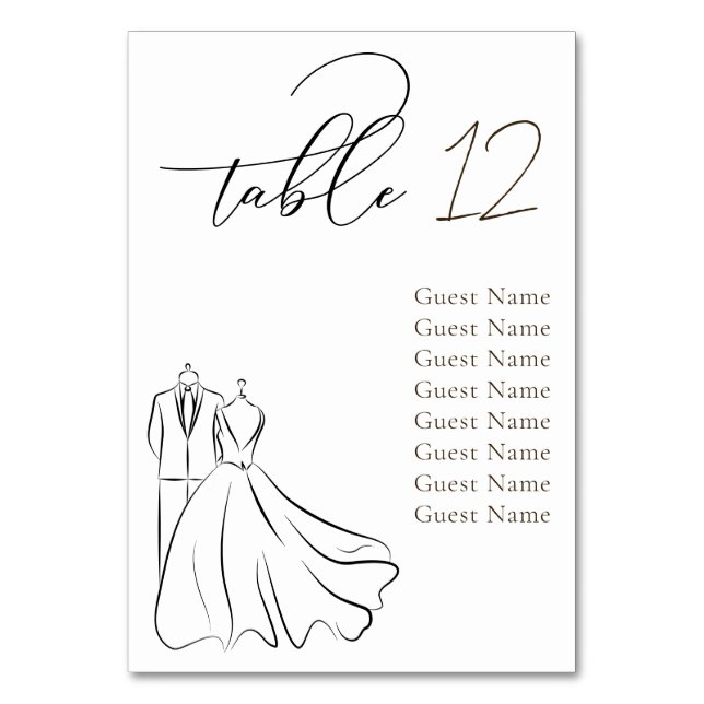 Elegant B&W Tux & Dress Wedding Seating Chart Table Number (Front)