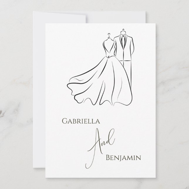 Elegant B&W Wedding Tux & Dress Formal Wedding Invitation (Front)