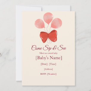 Elegant Baby Balloon Red Bow Sip & See Invitation