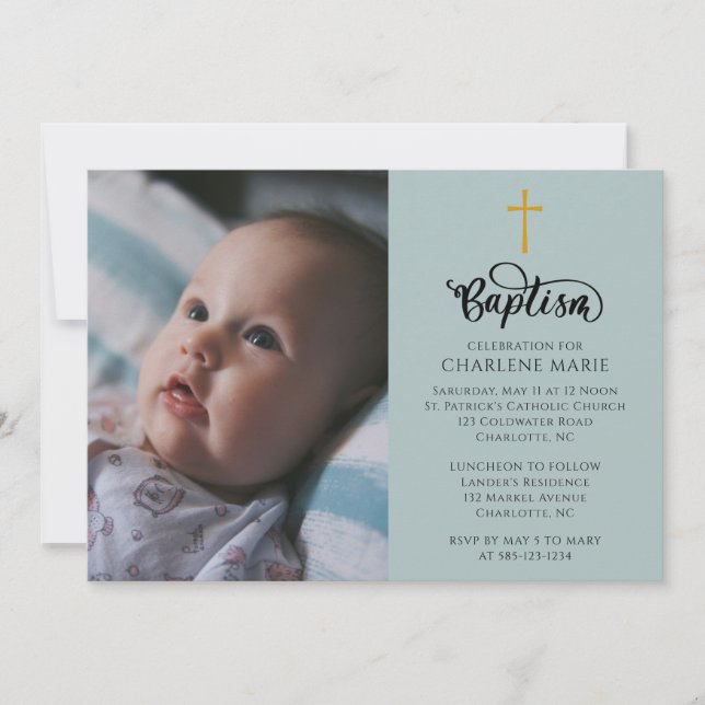 Elegant Baby Baptism Invite with Photo and Cross (Front)