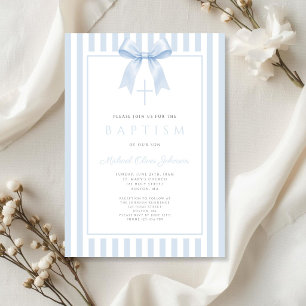 Elegant Baby Blue Bow 2 Boy Baptism Invitation