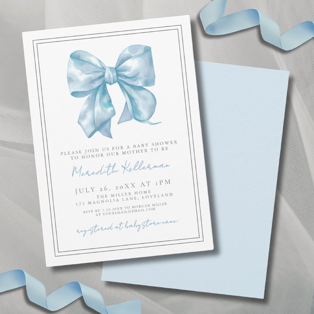 Elegant Baby Blue Bow Baby Shower Invitation (Elegant Baby Blue Bow Baby Shower Invitation)