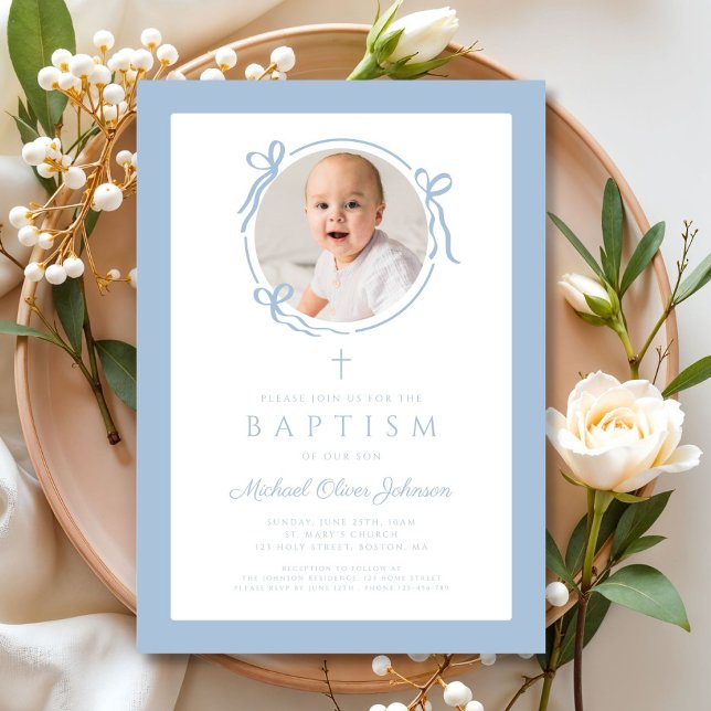 Elegant Baby Blue Bow Boy Photo Baptism Invitation (Elegant Baby Blue Bow Boy Photo Baptism Invitation)