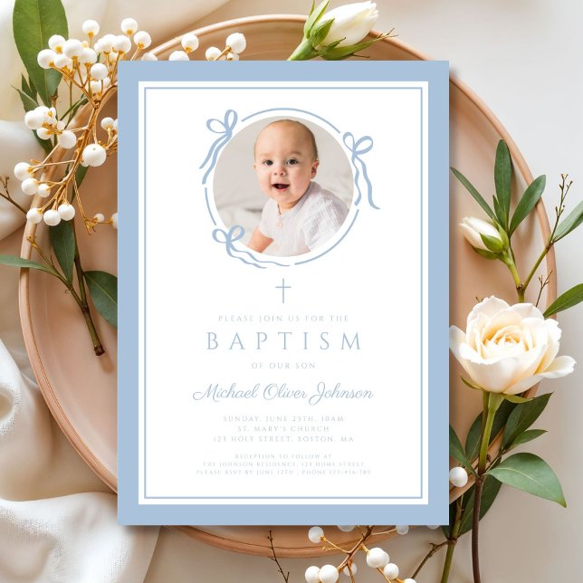 Elegant Baby Blue Bow Boy Photo Baptism Invitation (Elegant Baby Blue Bow Boy Photo Baptism Invitation)