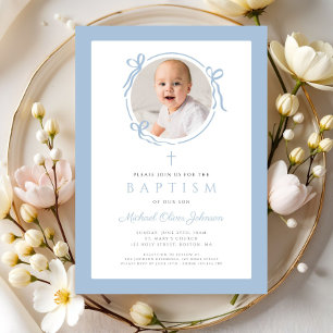 Elegant Baby Blue Bow Photo Baptism Invitation