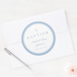 Elegant Baby Blue Cross Boy Baptism  Classic Round Sticker