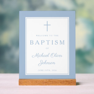 Elegant Baby Blue Cross Boy Baptism Welcome Acrylic Sign