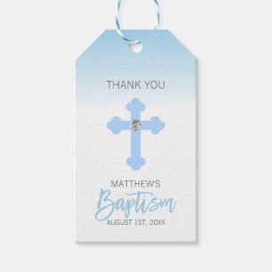 Elegant Baby Blue Cross THANK YOU Baptism Boy Gift Tags