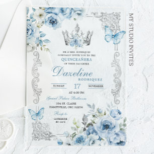 Elegant Baby Blue Crown Quinceanera Acrylic Invitations
