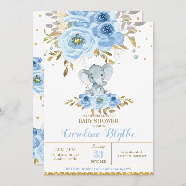 Elegant Baby Blue Floral Elephant Boy Baby Shower Invitation (Front/Back)