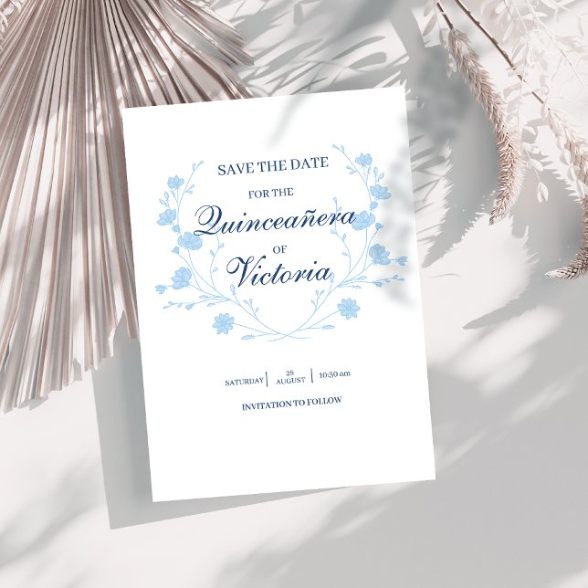 Elegant Baby Blue floral Quinceanera Save The Date (Creator Uploaded)