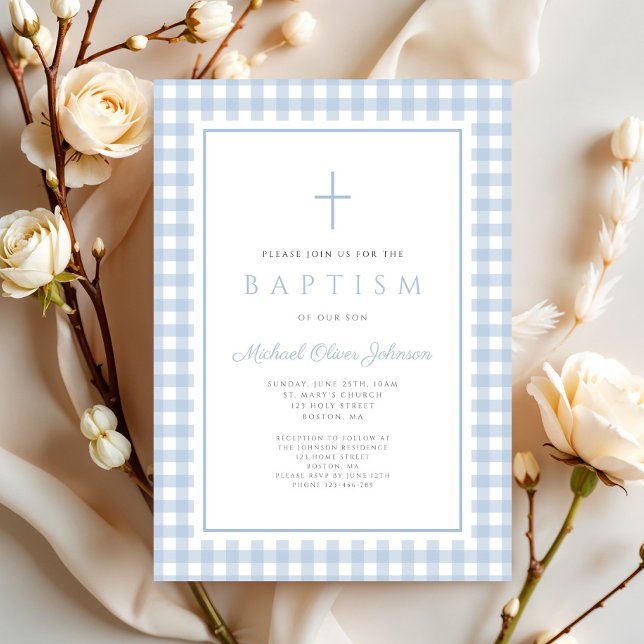 Elegant Baby Blue Gingham Boy Baptism Invitation (Elegant Baby Blue Gingham Boy Baptism Invitation)