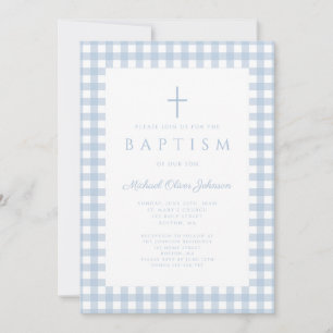 Elegant Baby Blue Gingham Boy Baptism Invitation