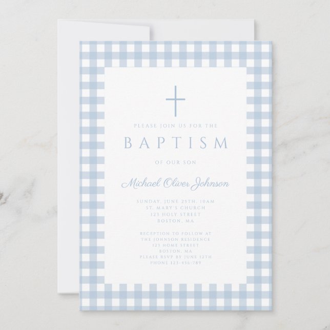 Elegant Baby Blue Gingham Boy Baptism Invitation (Front)
