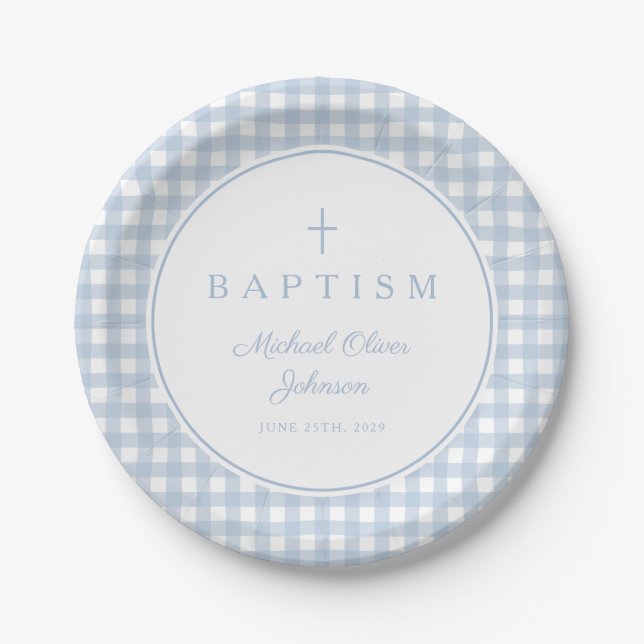 Elegant Baby Blue Gingham Boy Baptism Paper Plate (Front)