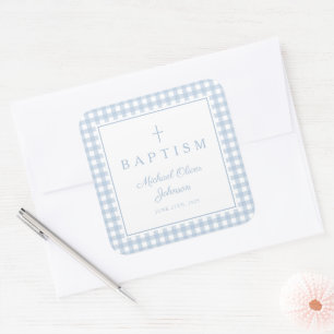 Elegant Baby Blue Gingham Boy Baptism Square Sticker