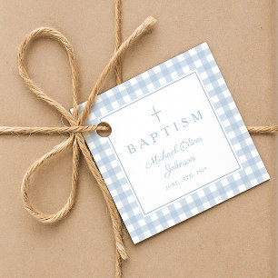 Elegant Baby Blue Gingham Boy Baptism Thank You Favour Tags