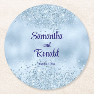 Elegant Baby Blue Glitter and Foil Wedding Round Paper Coaster