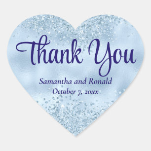 Elegant Baby Blue Glitter & Foil Wedding Thank You Heart Sticker